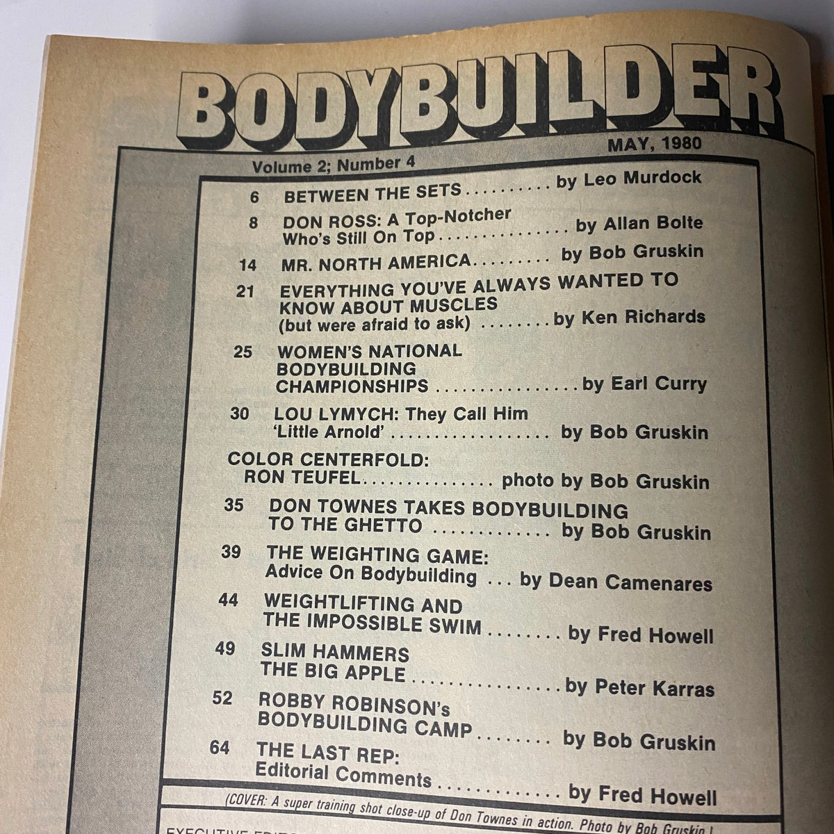 Table of contents from Bodybuilder Magazine May 1980 Vol 2 No 4, detailing articles on bodybuilding topics, including insights by various authors.