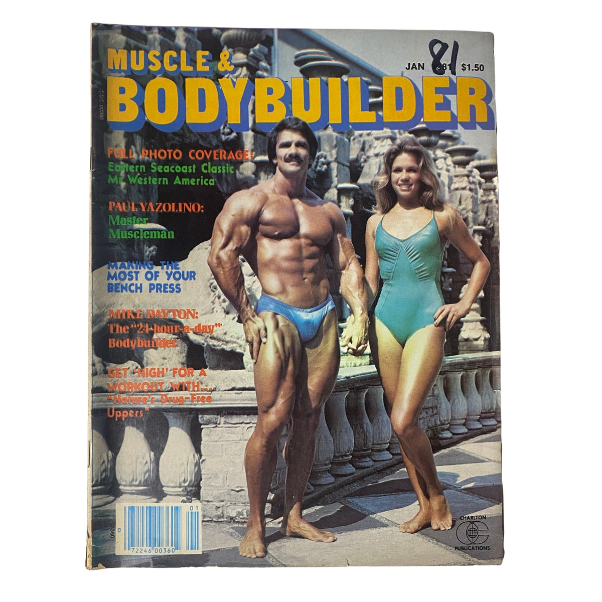 Cover of 'Muscle & Bodybuilder Magazine January 1981' featuring Frank Calta and Rebecca, showcasing a bodybuilding theme with vibrant colors and strong fitness visuals.
