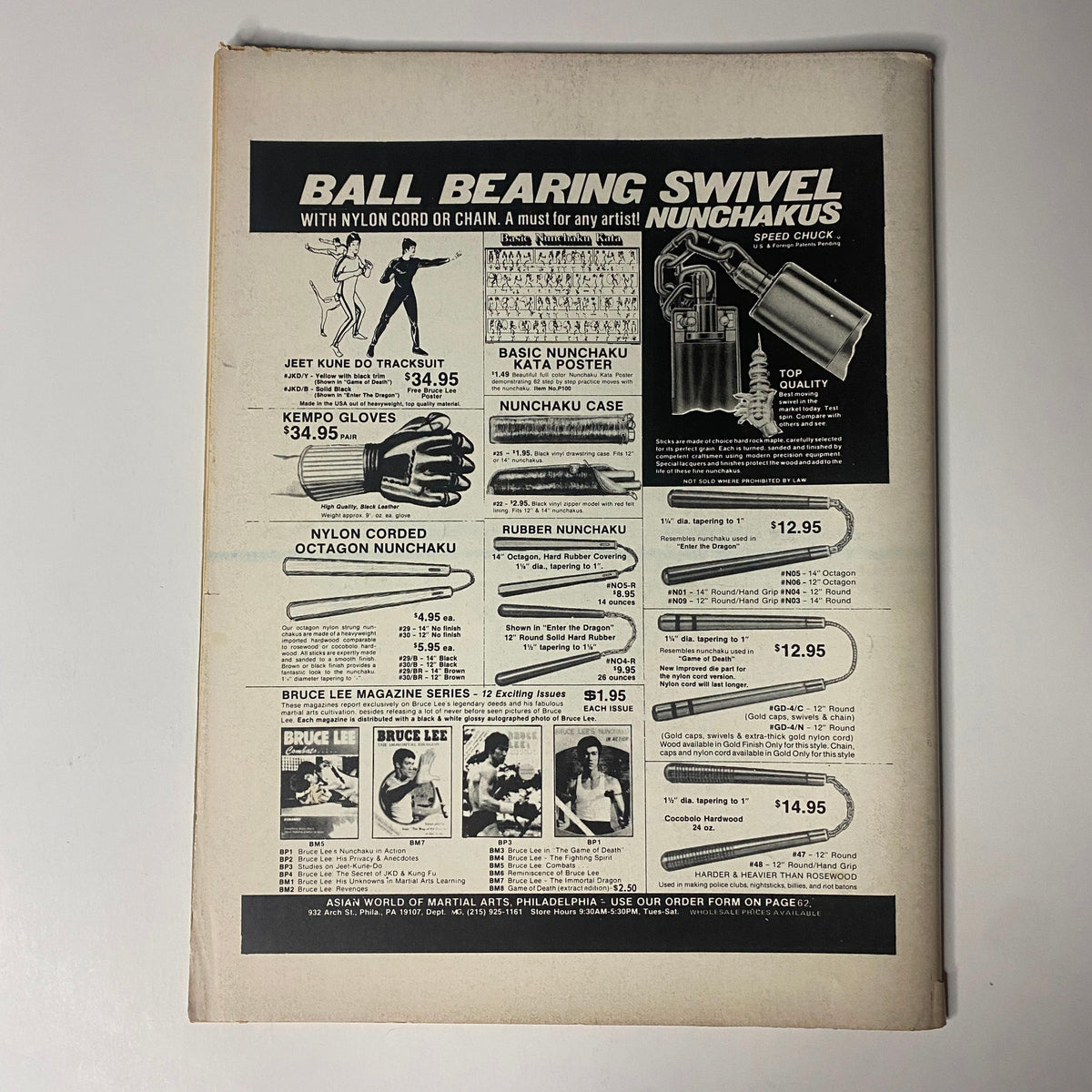 Back cover of Muscle & Bodybuilder Magazine January 1981 displaying an advertisement for nunchakus, including prices for training gear and accessories.