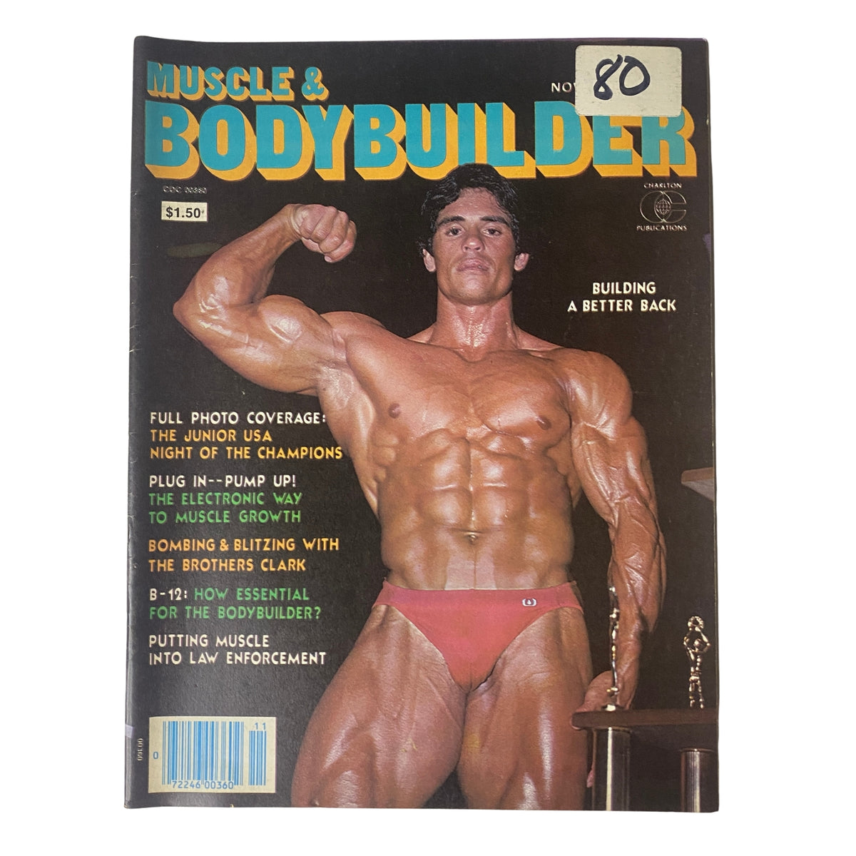 Muscle & Bodybuilder Magazine November 1980 featuring cover model Ernest Santiago showcasing a muscular physique, emphasizing fitness and bodybuilding.