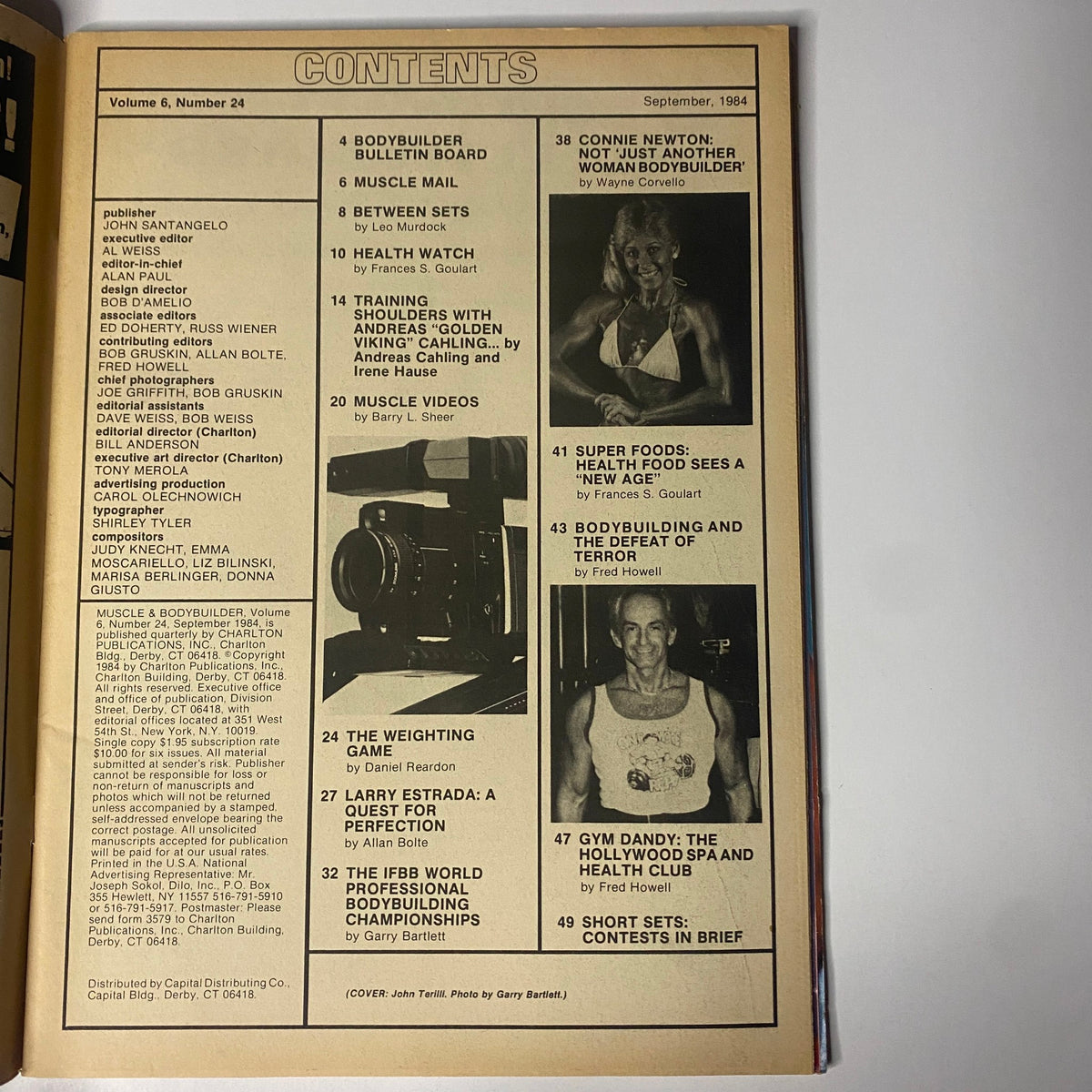 Table of Contents from Muscle & Bodybuilder Magazine September 1984 displaying articles on bodybuilding topics and figures.