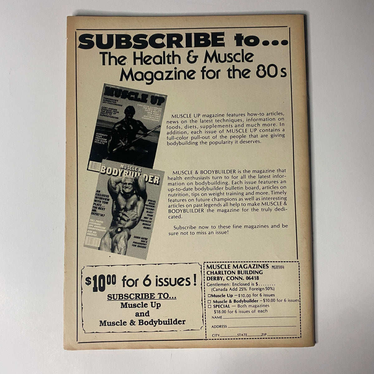 Back cover of Muscle & Bodybuilder Magazine September 1984 advertising subscriptions and related bodybuilding magazines.