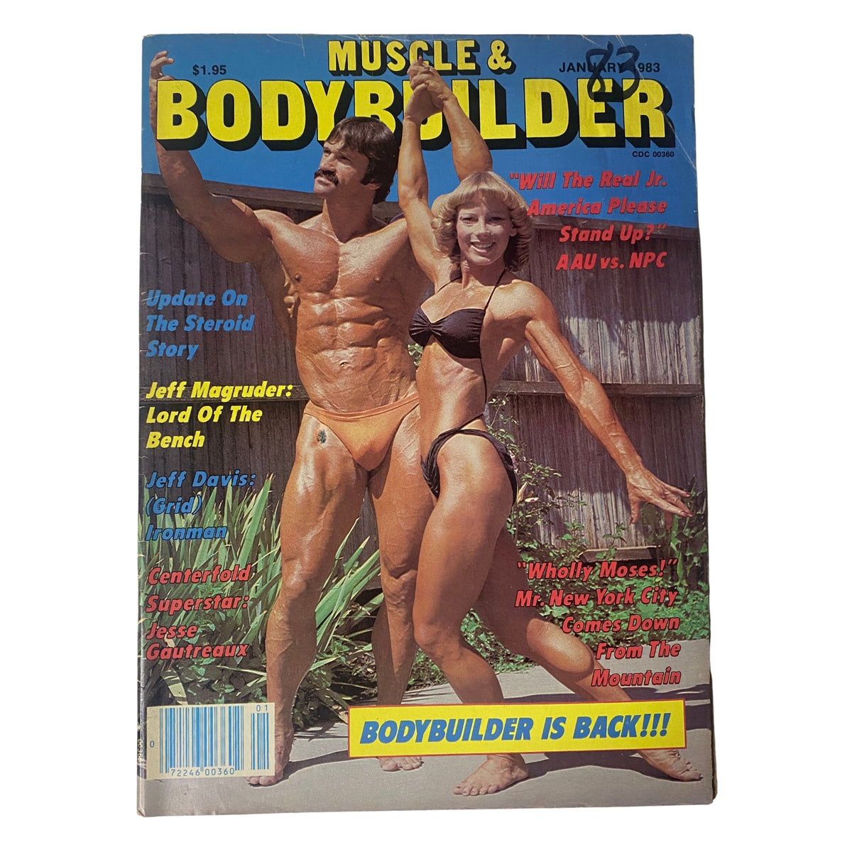 Cover of Muscle & Bodybuilder Magazine January 1983 featuring Jesse Gautreaux and Pam Brooks, highlighting a muscular couple in a dynamic pose. The magazine discusses bodybuilding topics and includes a color centerfold.