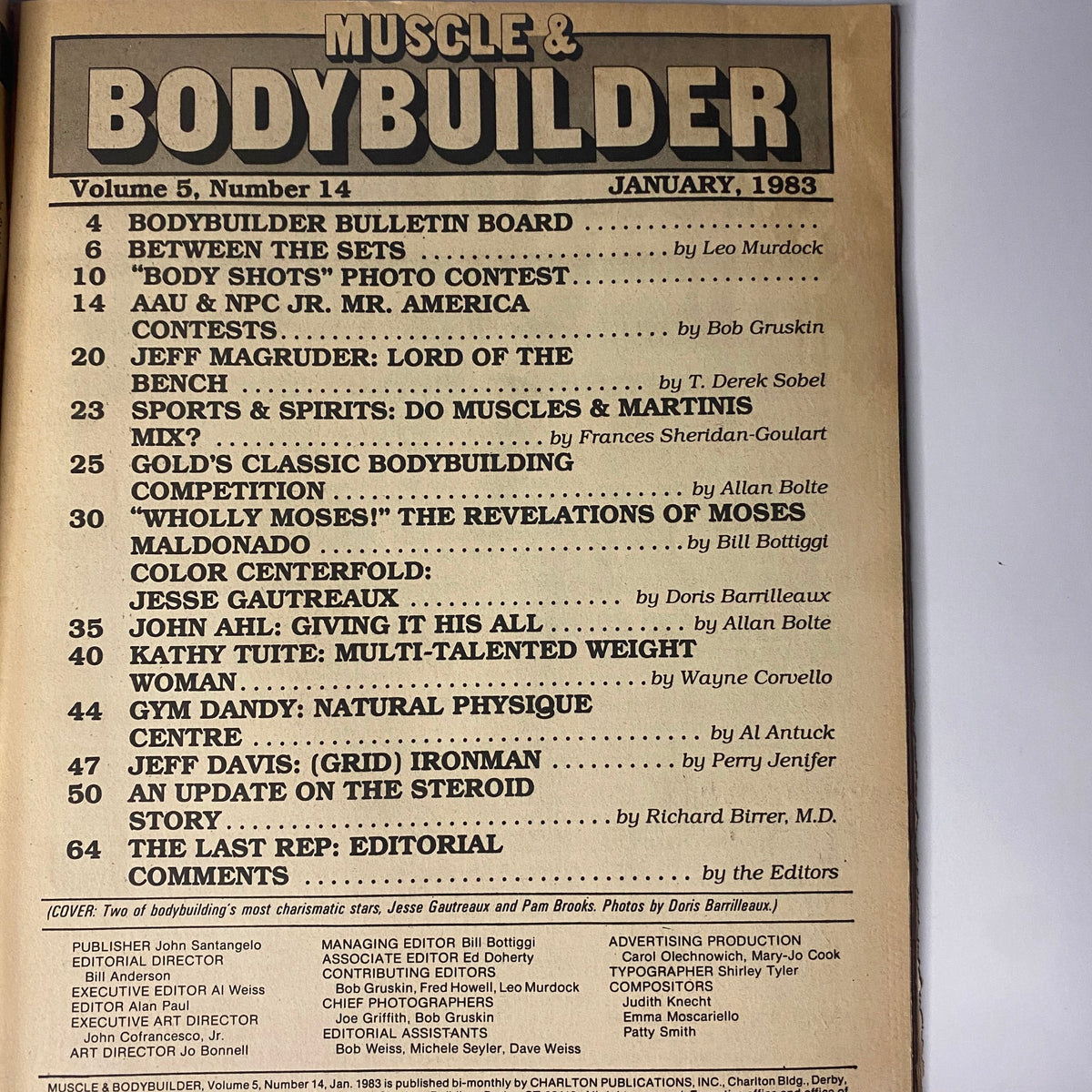 Inside contents page of Muscle & Bodybuilder Magazine January 1983, showcasing article titles and features including Bodybuilder Bulletin Board, Between the Sets, and more.