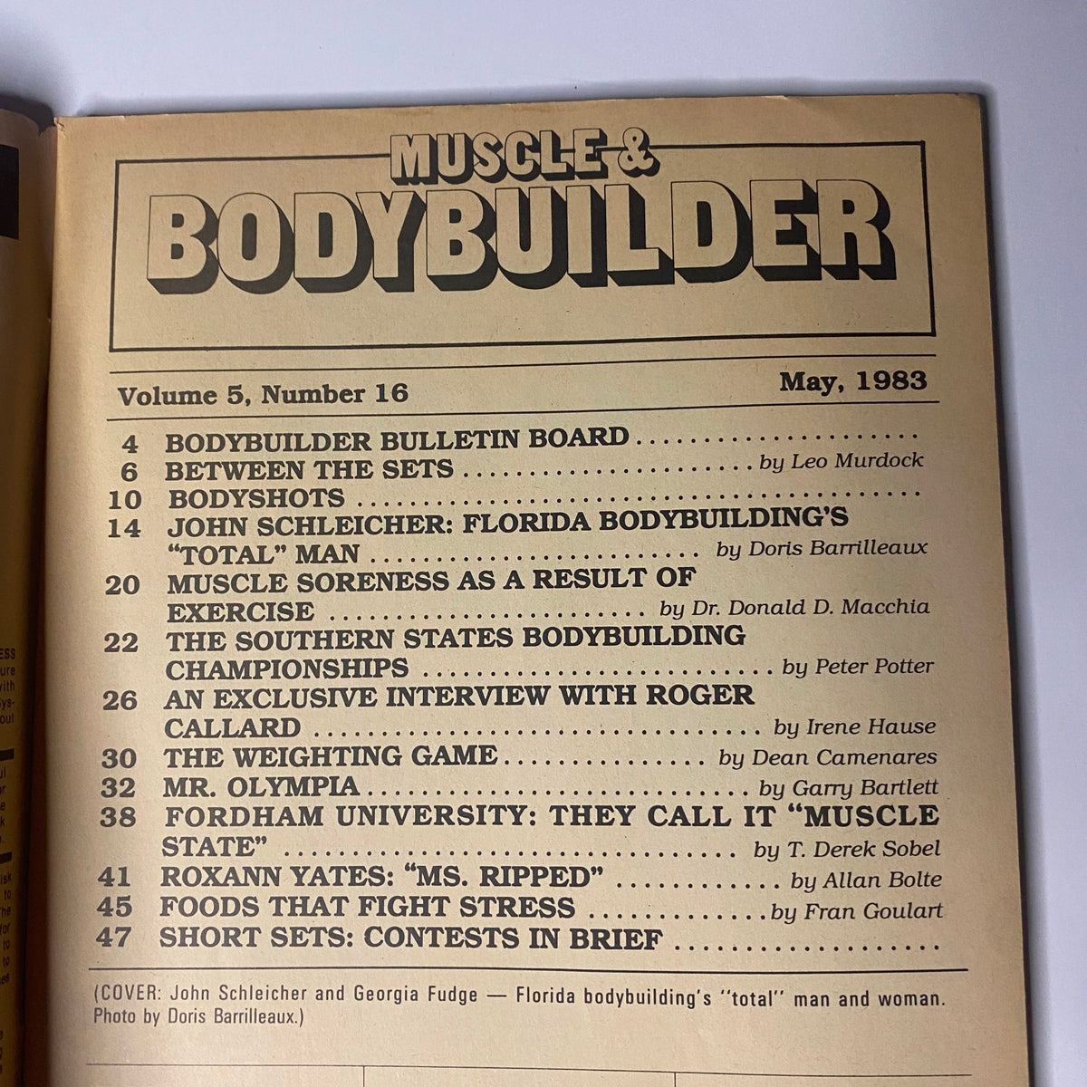 Table of Contents of Muscle & Bodybuilder Magazine May 1983, listing articles including bodybuilder profiles, event coverage, and nutrition insights.