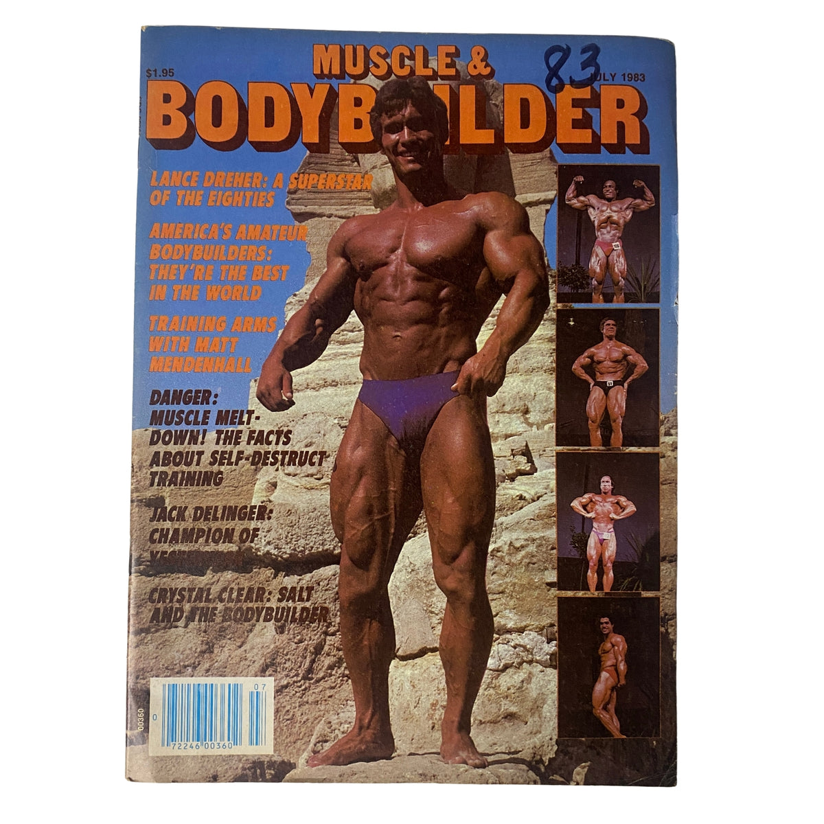 Cover of Muscle & Bodybuilder Magazine July 1983, featuring Lance Dreher with a muscular physique, showcasing the magazine's spotlight on bodybuilding champions.