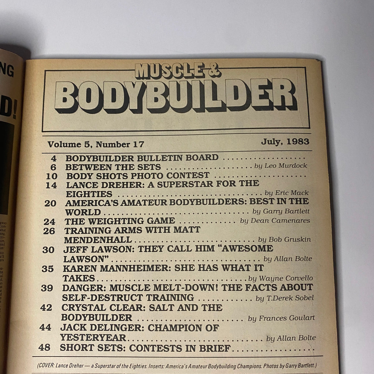Table of Contents from Muscle & Bodybuilder Magazine July 1983, Vol. 5 No. 17, listing articles about bodybuilding trends, techniques, and prominent athletes.