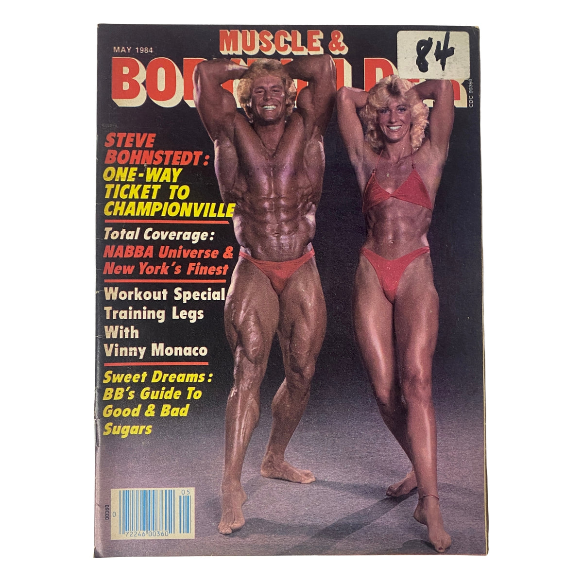 Cover of Muscle & Bodybuilder Magazine May 1984 featuring Steve Bohnstedt and Kathy Cafaro showcasing their bodybuilding physiques.