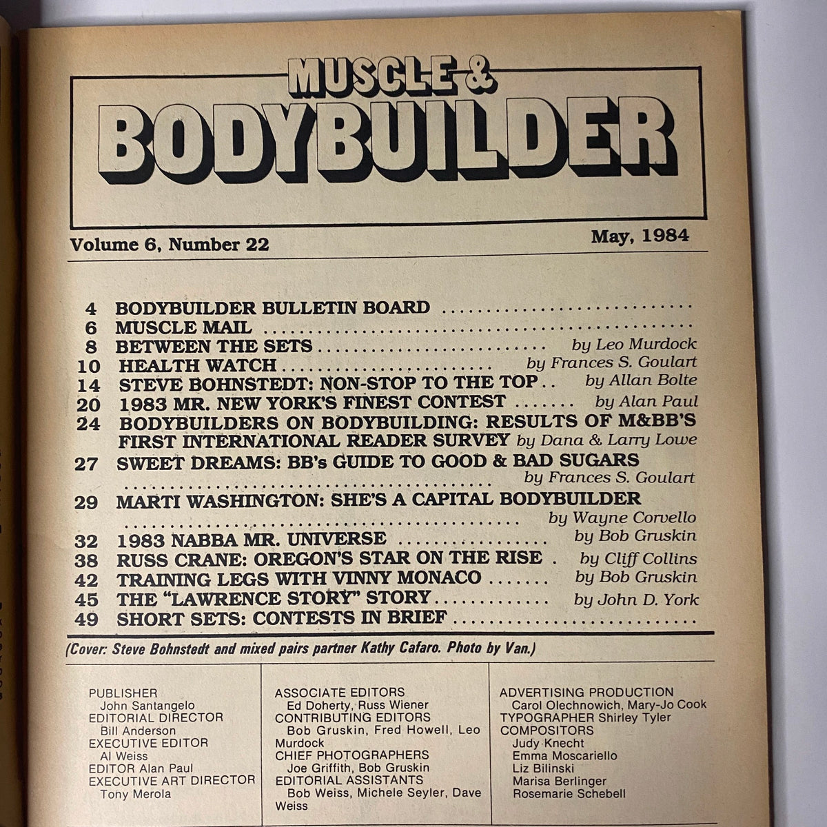 Table of contents from Muscle & Bodybuilder Magazine May 1984 listing features such as Steve Bohnstedt's profile and articles on bodybuilding.