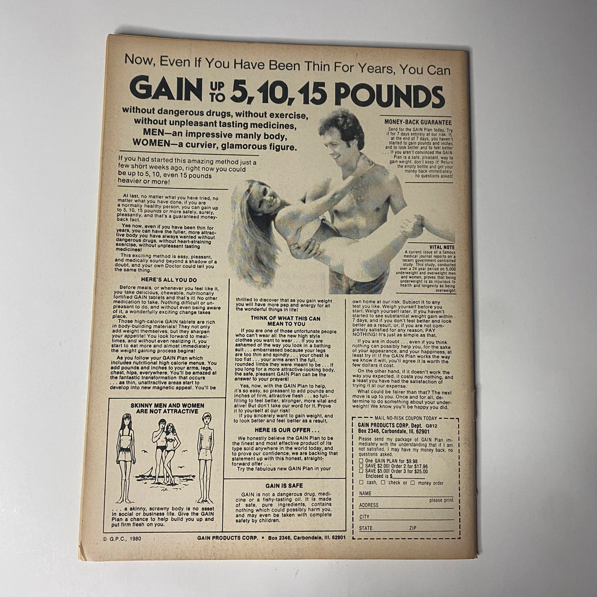 Back cover of Muscle & Bodybuilder Magazine May 1984 advertising a weight gain product with a guarantee.