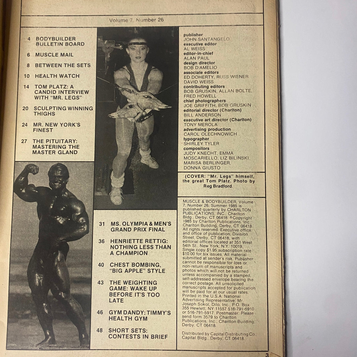 Interior page of Muscle & Bodybuilder Magazine Summer 1985 featuring the Table of Contents with sections on bodybuilding bulletin board, Muscle Mail, Health Watch, and Tom Platz interview.