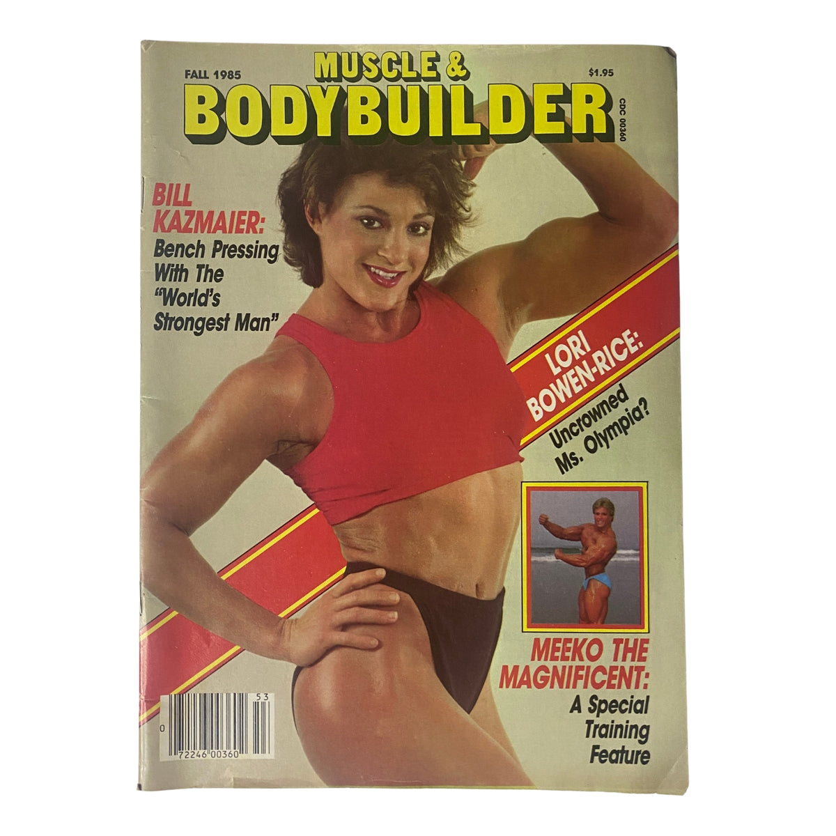 Cover of Muscle & Bodybuilder Magazine Fall 1985 featuring Lori Bowen-Rice, showcasing bodybuilding highlights and training tips.