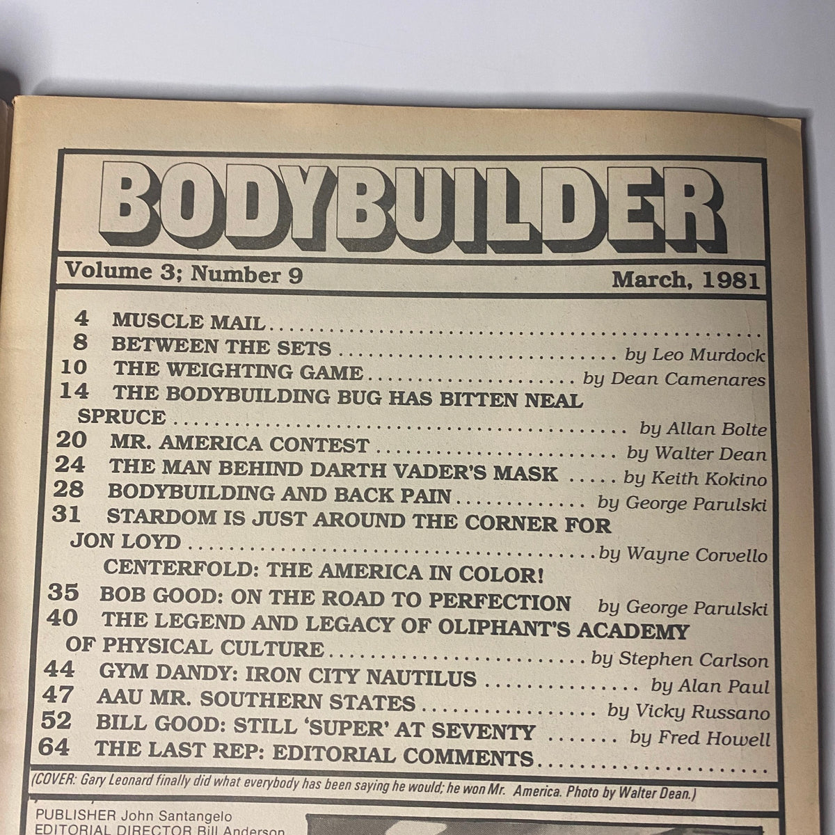 Table of contents from Muscle & Bodybuilder Magazine March 1981 detailing various sections, including letters from readers, bodybuilding columns, and features on prominent bodybuilders.