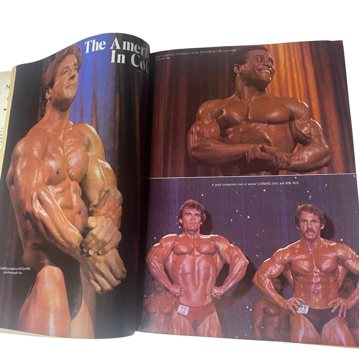 Centerfold spread from Muscle & Bodybuilder Magazine March 1981 showcasing the competition 'The America in Color' featuring bodybuilders, including Gary Leonard, in a vibrant stage presentation.
