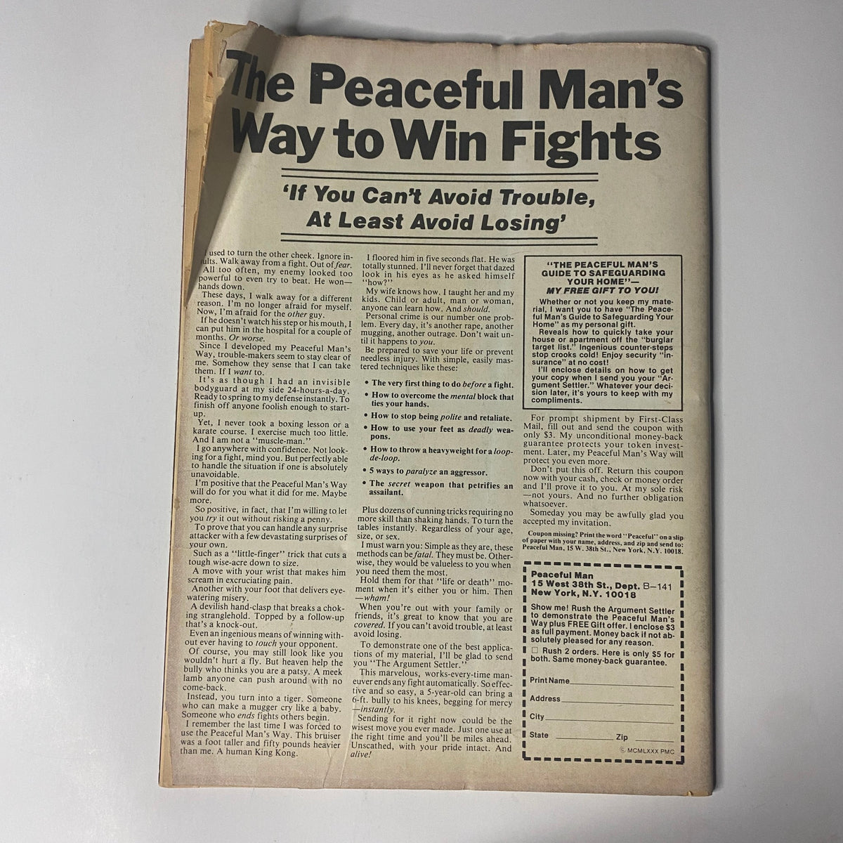 Close-up view of the article titled 'The Peaceful Man’s Way to Win Fights' from Muscle & Bodybuilder Magazine March 1981 featuring a motivational title, with visible wear including tears and aging.