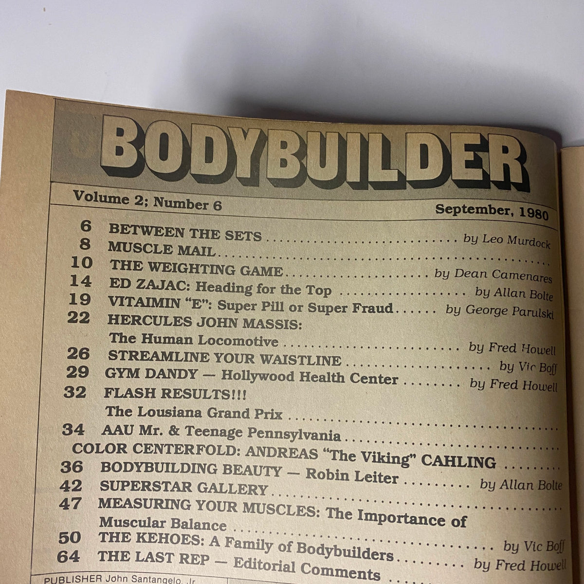 Interior page from Bodybuilder Magazine September 1980, detailing the table of contents including features such as 'Muscle Mail' and 'The Weighting Game', providing insights into bodybuilding topics and articles.