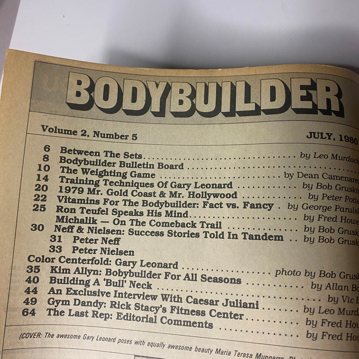 Table of contents from Bodybuilder Magazine July 1980, listing features including interviews, training techniques, and contests.