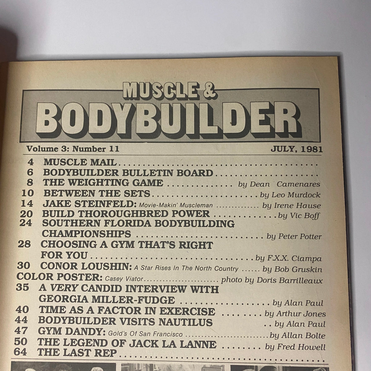 Inside page of Muscle & Bodybuilder Magazine July 1981 displaying the table of contents. Articles include Muscle Mail, Southern Florida Bodybuilding Championships, and an interview with Georgia Fudge, highlighting key topics in bodybuilding.