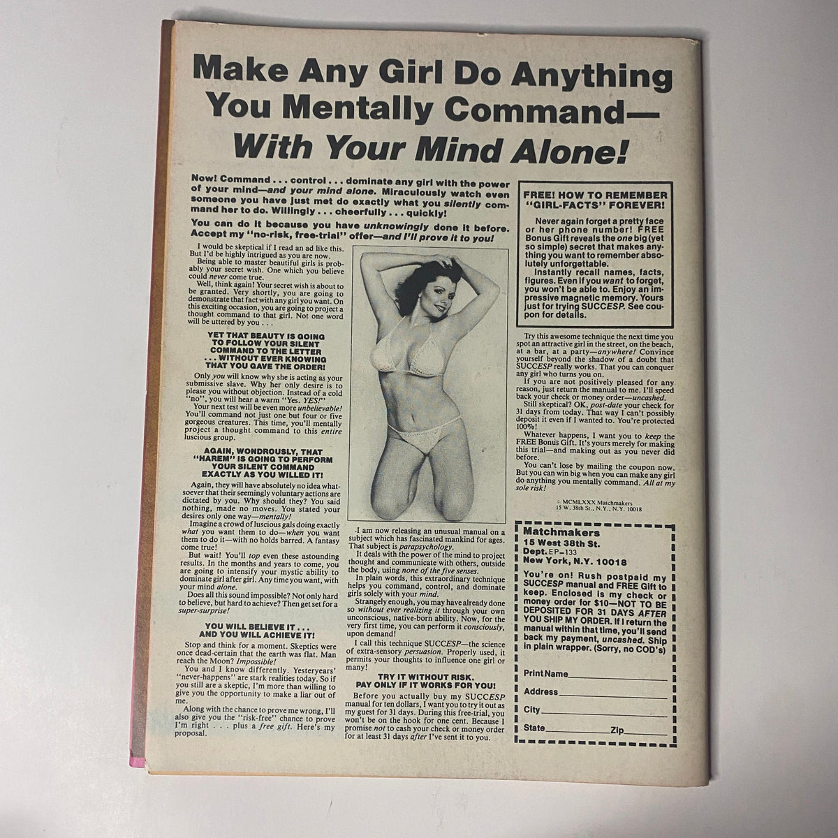 Muscle & Bodybuilder Magazine July 1981 back cover advertisement highlighting a mind control technique, with bold text and an eye-catching design, inviting readers to explore self-improvement.