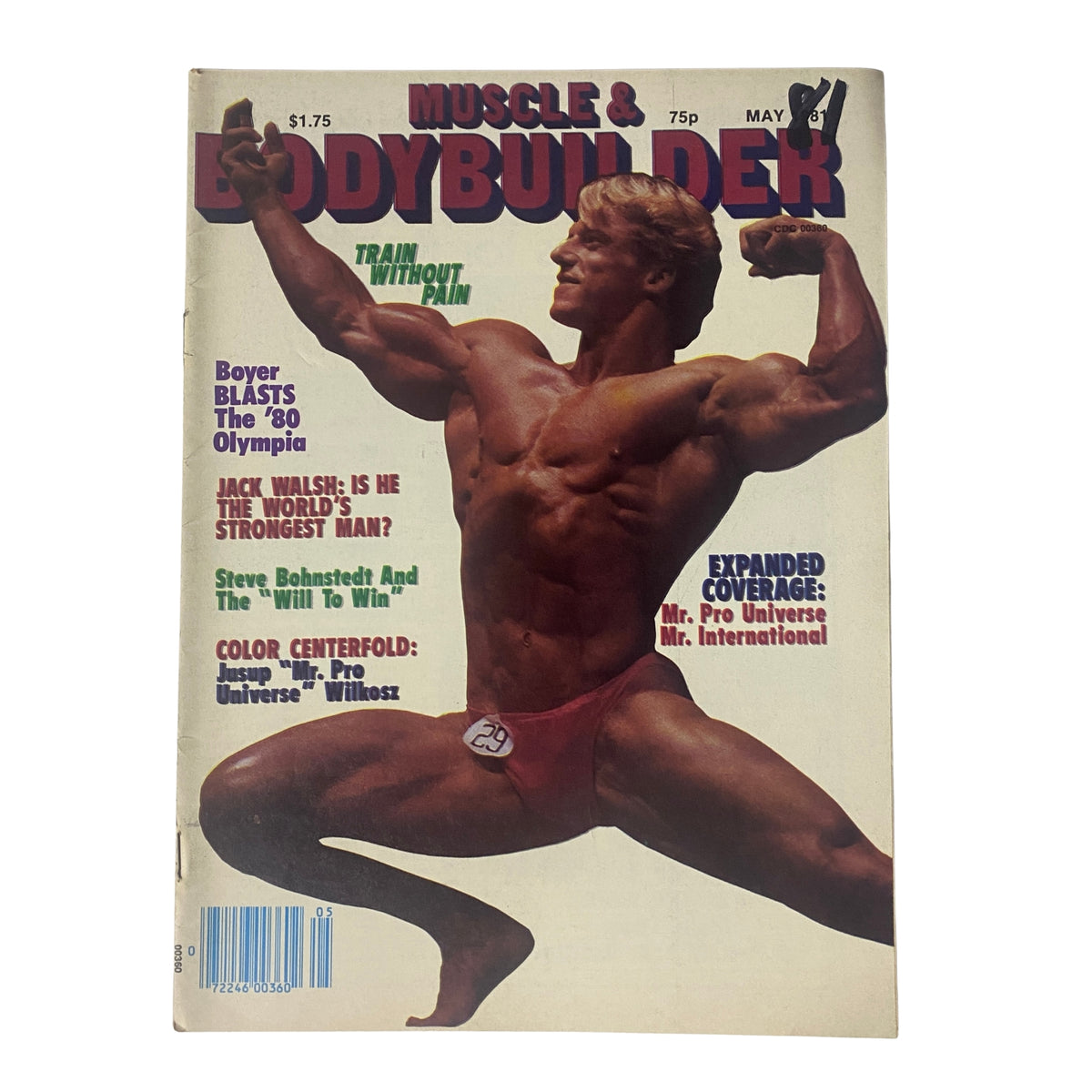 Cover of Muscle & Bodybuilder Magazine May 1981 featuring Andreas Cahling in a flexing pose, with the title prominently displayed. The magazine discusses bodybuilding training and includes various features and interviews.