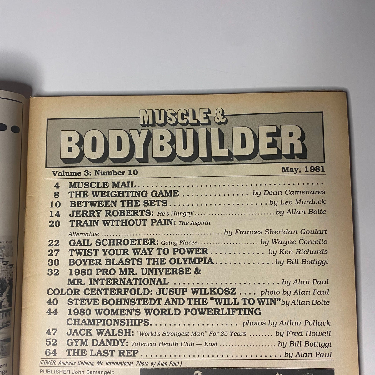 Interior page of Muscle & Bodybuilder Magazine May 1981 displaying the table of contents, listing articles and features like 'Muscle Mail' and 'Training Without Pain'.