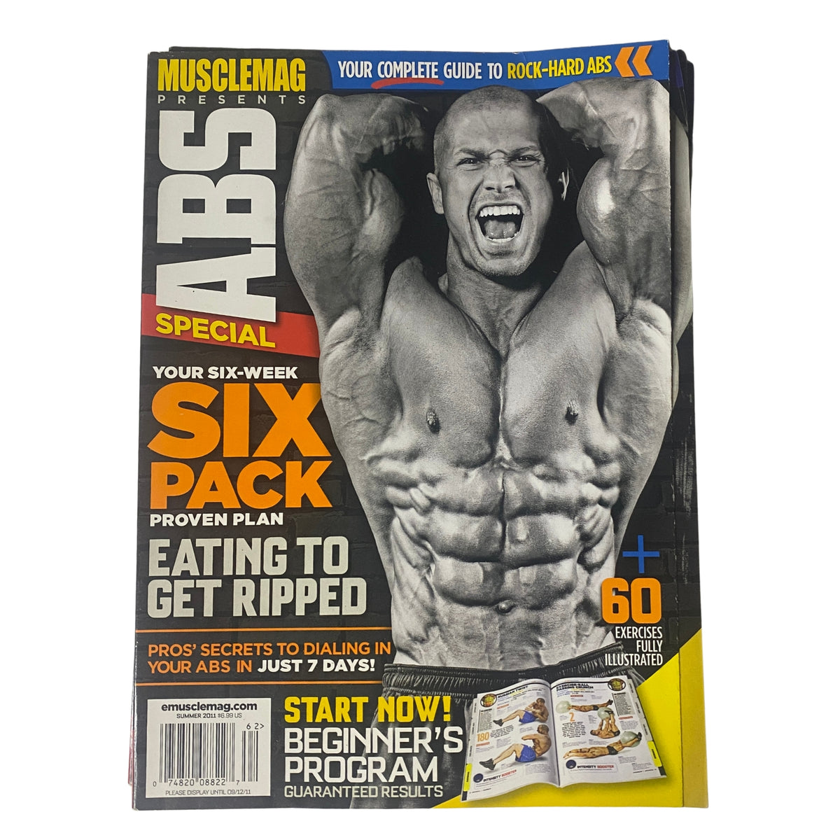 Cover of MuscleMag Magazine Summer 2011 Abs Special featuring the Six-Week Six-Pack Proven Plan, showcasing a muscular man posing to highlight abdominal muscles.