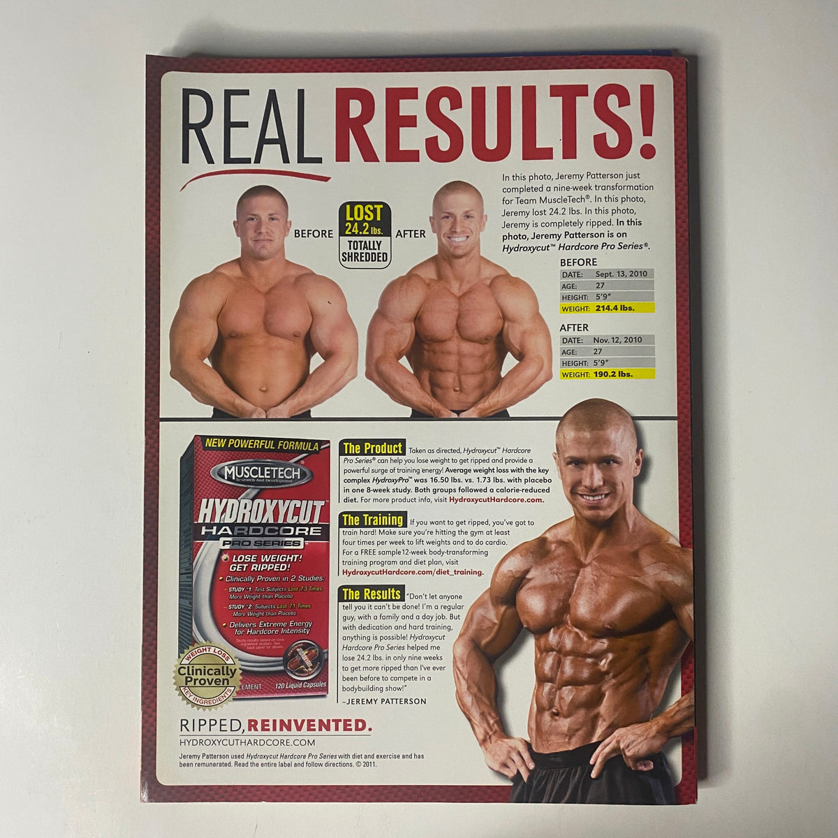 MuscleMag Magazine Summer 2011 Abs Special featuring a transformation photo of Jerry Patterson, showcasing his weight loss journey of 21.2 pounds. The image highlights 'REAL RESULTS!' with details of his body measurements before and after his fitness program, emphasizing the Six-Week Six-Pack Proven Plan.