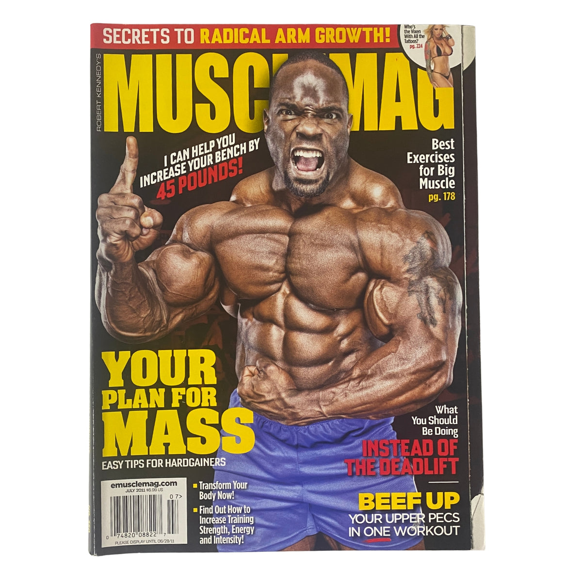 MuscleMag Magazine July 2011 Cover featuring IFBB Pro Johnnie Jackson showcasing a muscular physique with the headline 'Your Plan for Mass' and tips for serious bodybuilders.