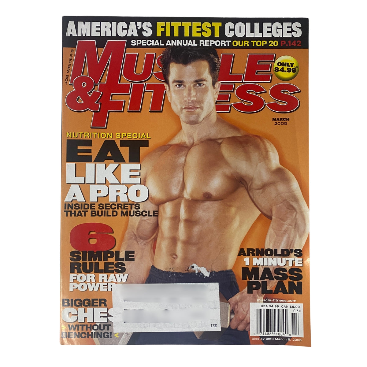 Cover of Muscle & Fitness Magazine, March 2005, Vol 66 No 3 featuring Sagi Kalev in very good condition, promoting nutrition tips, workout strategies, and fitness insights.