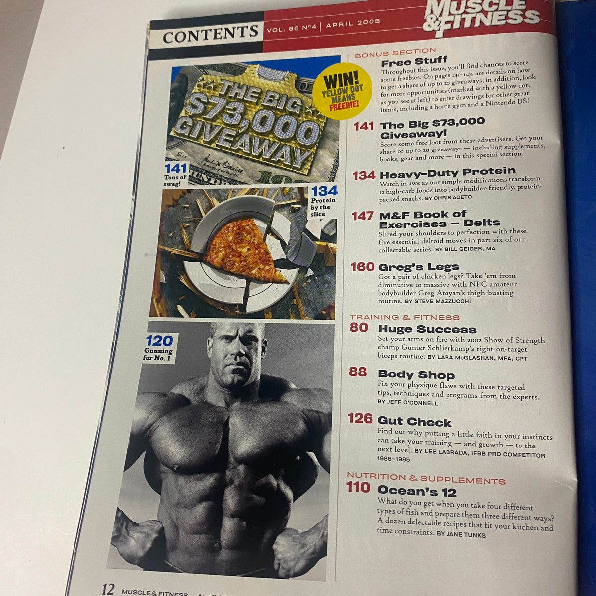 Table of contents from Muscle & Fitness Magazine April 2005 Vol 66 No. 4, highlighting featured articles including Jay Cutler and a $73,000 giveaway.