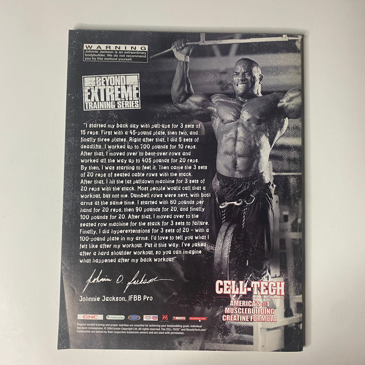 Muscle & Fitness Magazine February 2005 Vol 66 No. 2 featuring Ronnie Coleman. The back cover displays Johnnie Jackson, an IFBB Pro, performing a pull-up with training tips and promotional content for Celli-Tech creatine, highlighting the magazine's focus on bodybuilding and fitness.