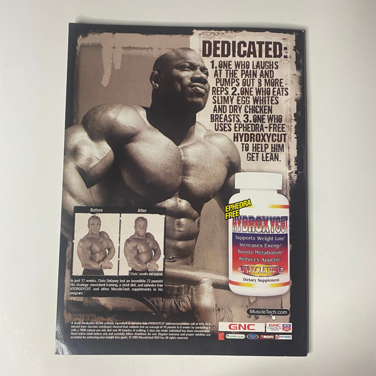 Back cover of MuscleMag Magazine Presents Spring 2004 Stan McQuay Abdominals Special, featuring a dedicated testimonial for Hydroxycut weight loss supplement with before and after images.