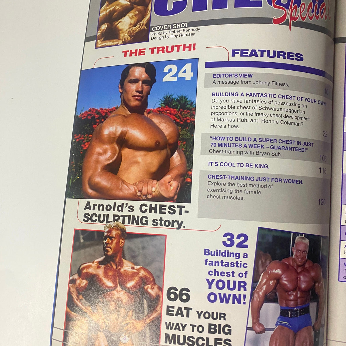 MuscleMag International Presents Fall 2004 Chest Building Special cover featuring an image of a muscular man showcasing his chest. The cover includes article highlights such as Arnold's chest-sculpting story and chest training tips for women.