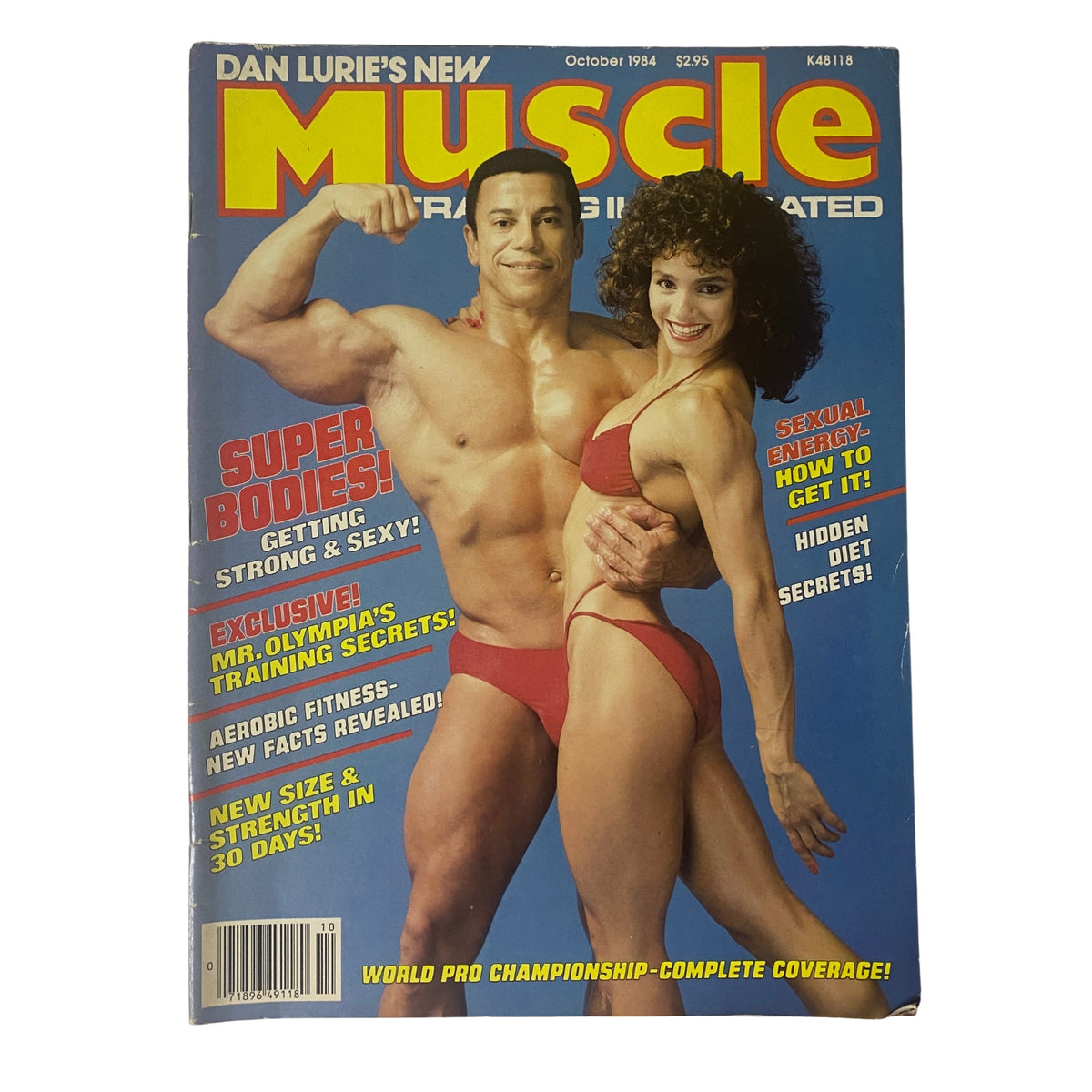 Muscle Training Illustrated, October 1984, featuring a muscular male and female model in red swimwear on the cover, highlighting the theme of super bodies.