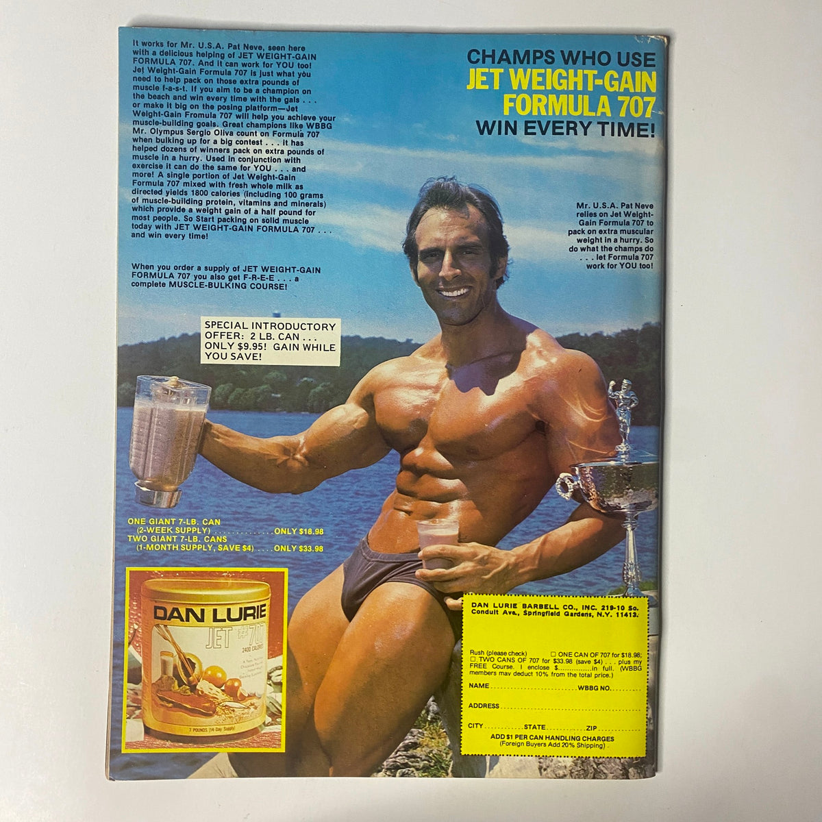 Muscle Training Illustrated October 1984 No. 117 cover featuring a muscular man holding a drink, promoting Jet Weight-Gain Formula 707. The image showcases fitness and bodybuilding themes, reflecting the era's emphasis on strength training and nutritional products.