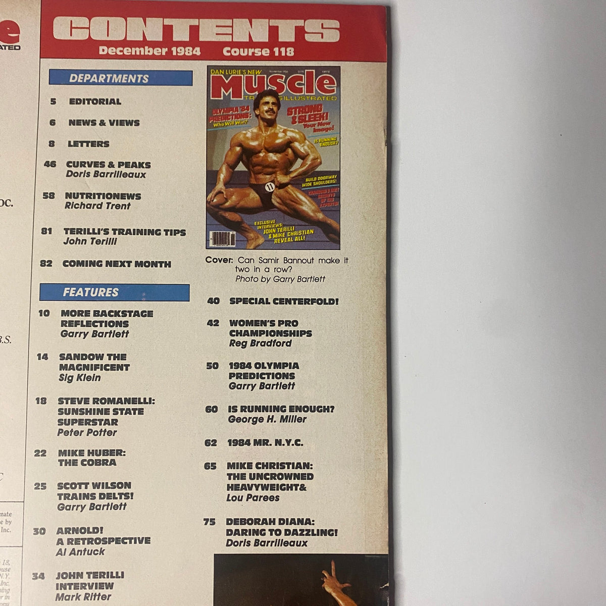 Table of contents for Muscle Training Illustrated December 1984 issue No. 118, detailing featured articles including training tips and interviews with bodybuilding experts.