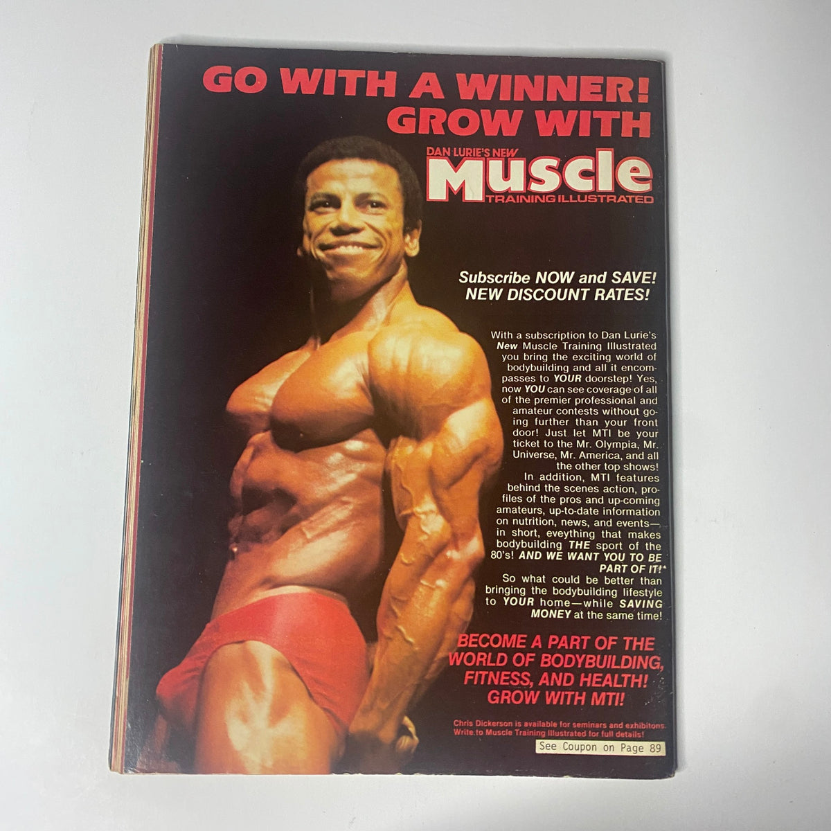 Cover of Muscle Training Illustrated August 1984 No. 116 with a muscular man posing, showcasing the magazine's focus on bodybuilding and fitness, encouraging subscriptions and highlighting health themes.