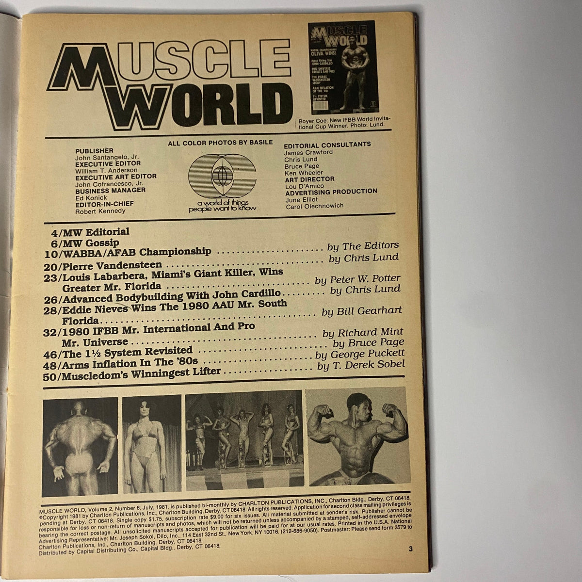 Inside page of Muscle World Magazine July 1981 Vol 2 No. 6 displaying the table of contents with articles on WABBA Championships and various bodybuilding features.