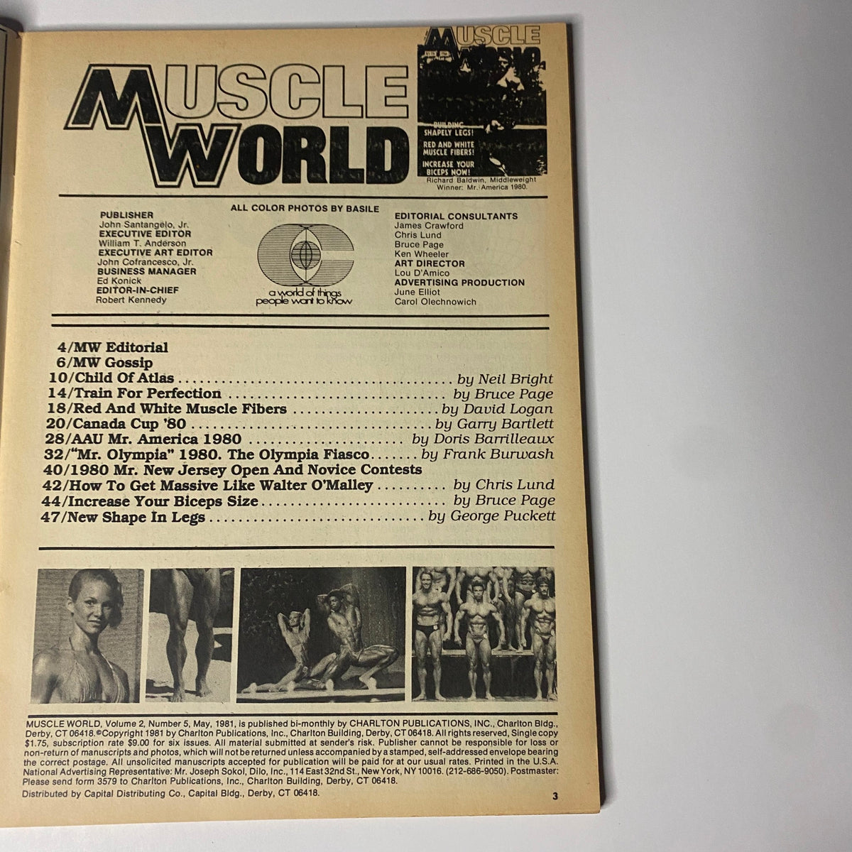 Interior page of Muscle World Magazine May 1981 Vol 2 No. 5 showcasing the contents section, listing articles on bodybuilding topics by various authors.