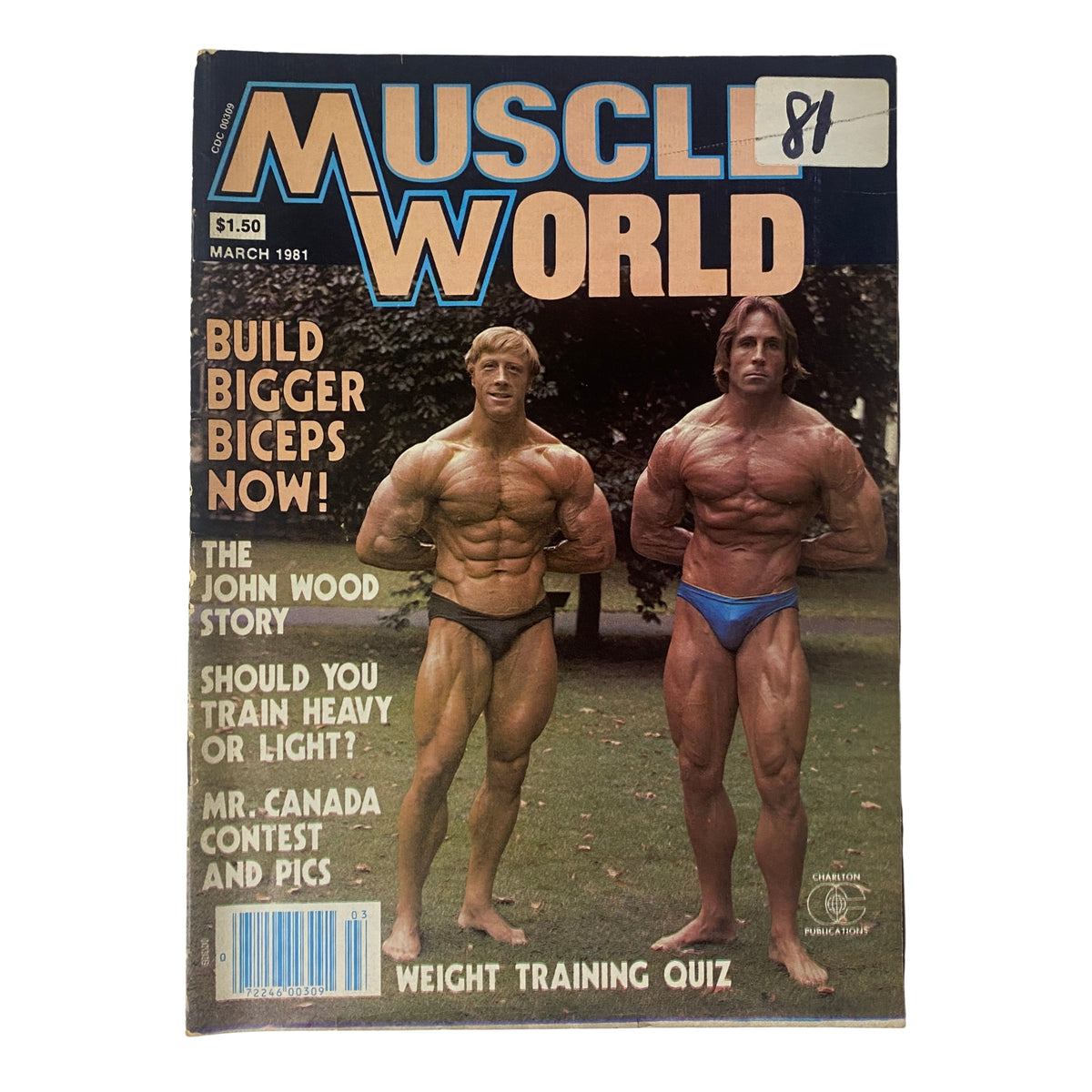 Muscle World Magazine March 1981 cover featuring bodybuilders Steve Davis and Tony Emmott, showcasing fitness and bodybuilding culture.