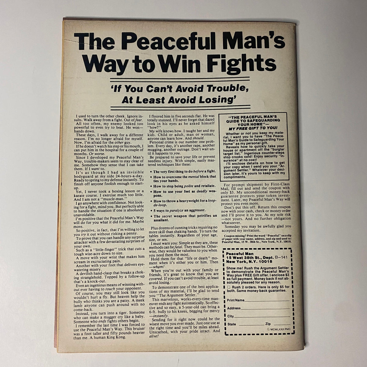 Back cover of Muscle World Magazine March 1981 featuring an article titled 'The Peaceful Man's Way to Win Fights' with advice on conflict avoidance.