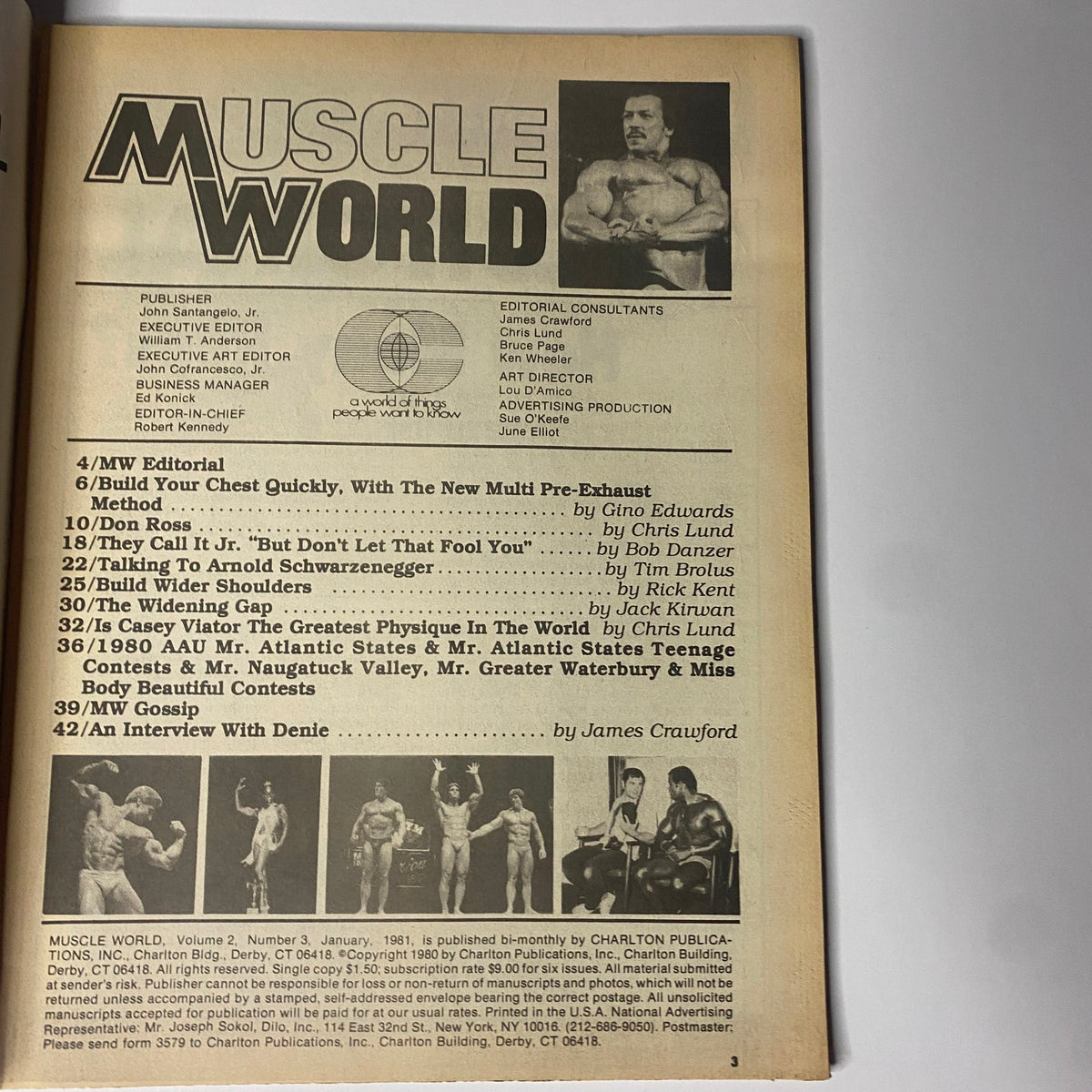 Inside page of Muscle World Magazine January 1981, Vol 2 No. 3 listing contents including articles on bodybuilding training and interviews.