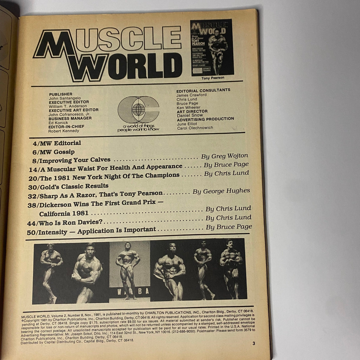 Inside page of Muscle World Magazine November 1981 listing editorial content including articles on improving calves, muscular waist health, and competition results, featuring Tony Pearson.