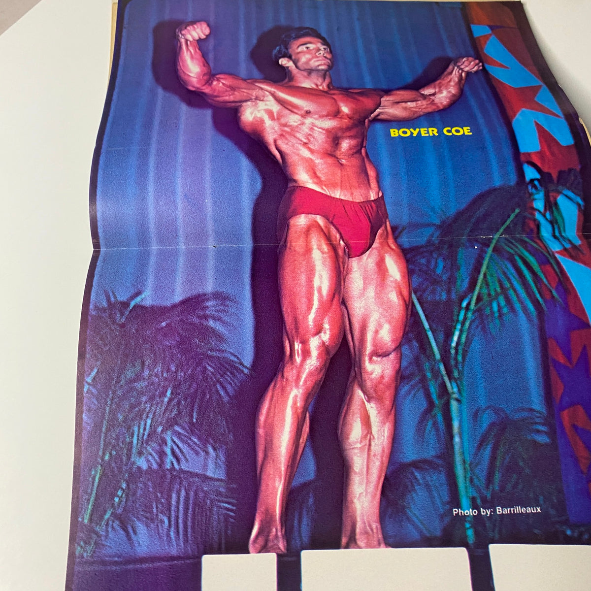Muscle World Magazine September 1981 featuring bodybuilder Boyer Coe in a striking pose, showcasing his muscular physique. A centerfold image from the vintage publication highlighting bodybuilding excellence.