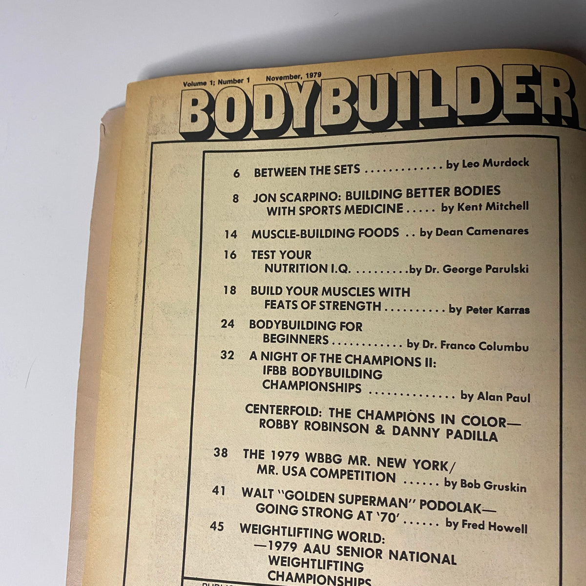 Contents page of Bodybuilder Magazine, November 1979, detailing articles on bodybuilding topics and featuring famous athletes.