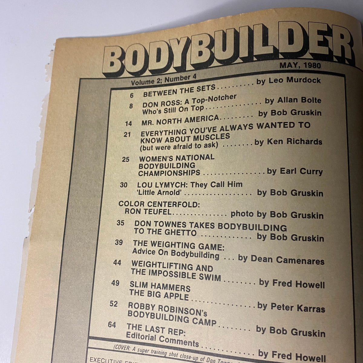 Inside page of Bodybuilder Magazine May 1980 listing articles and contents, showcasing topics relevant to bodybuilding enthusiasts and collectors.