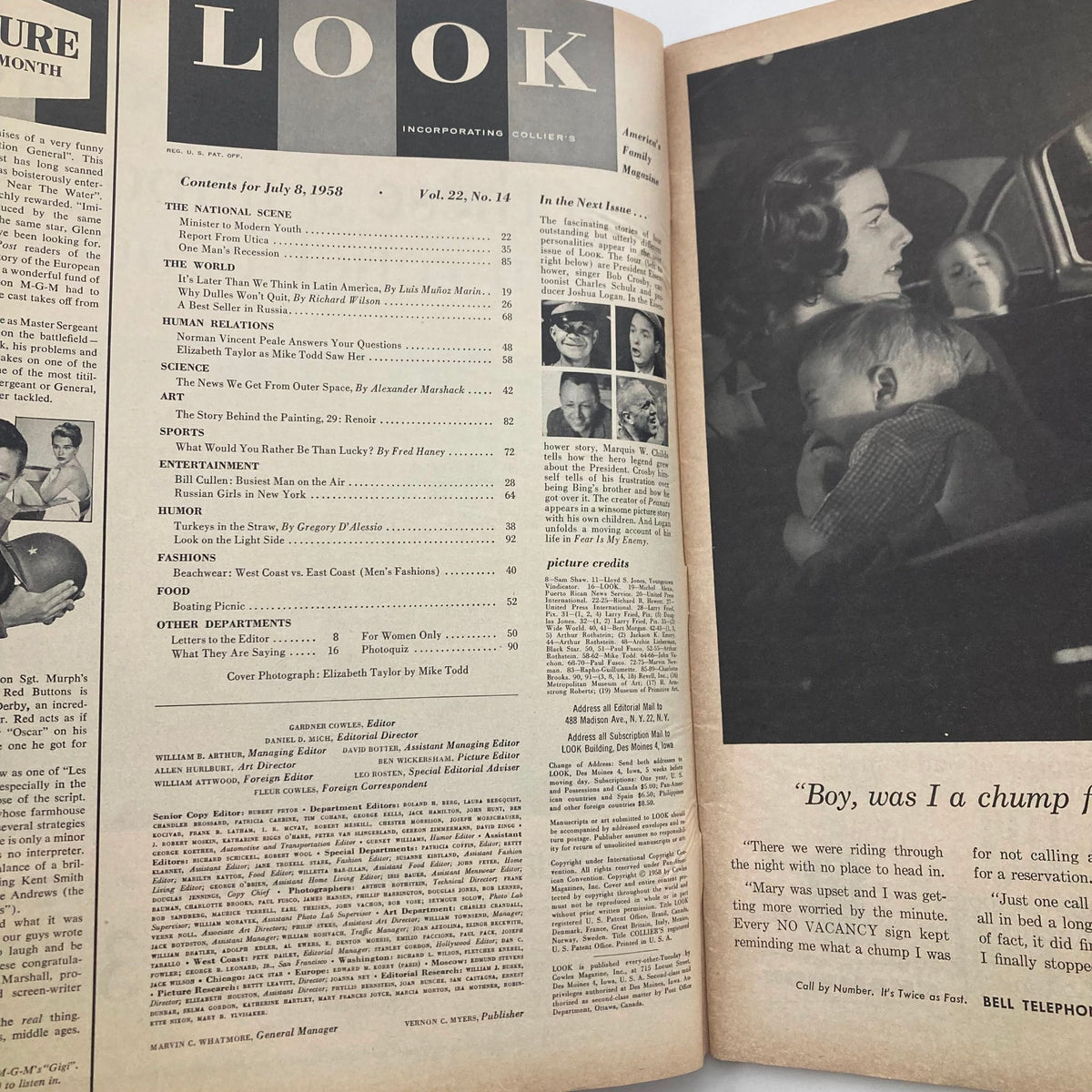 Inside page of VTG Look Magazine July 8 1958, Vol 22 No. 14, featuring a contents list and articles, including a cover photograph of Elizabeth Taylor by Mike Todd.