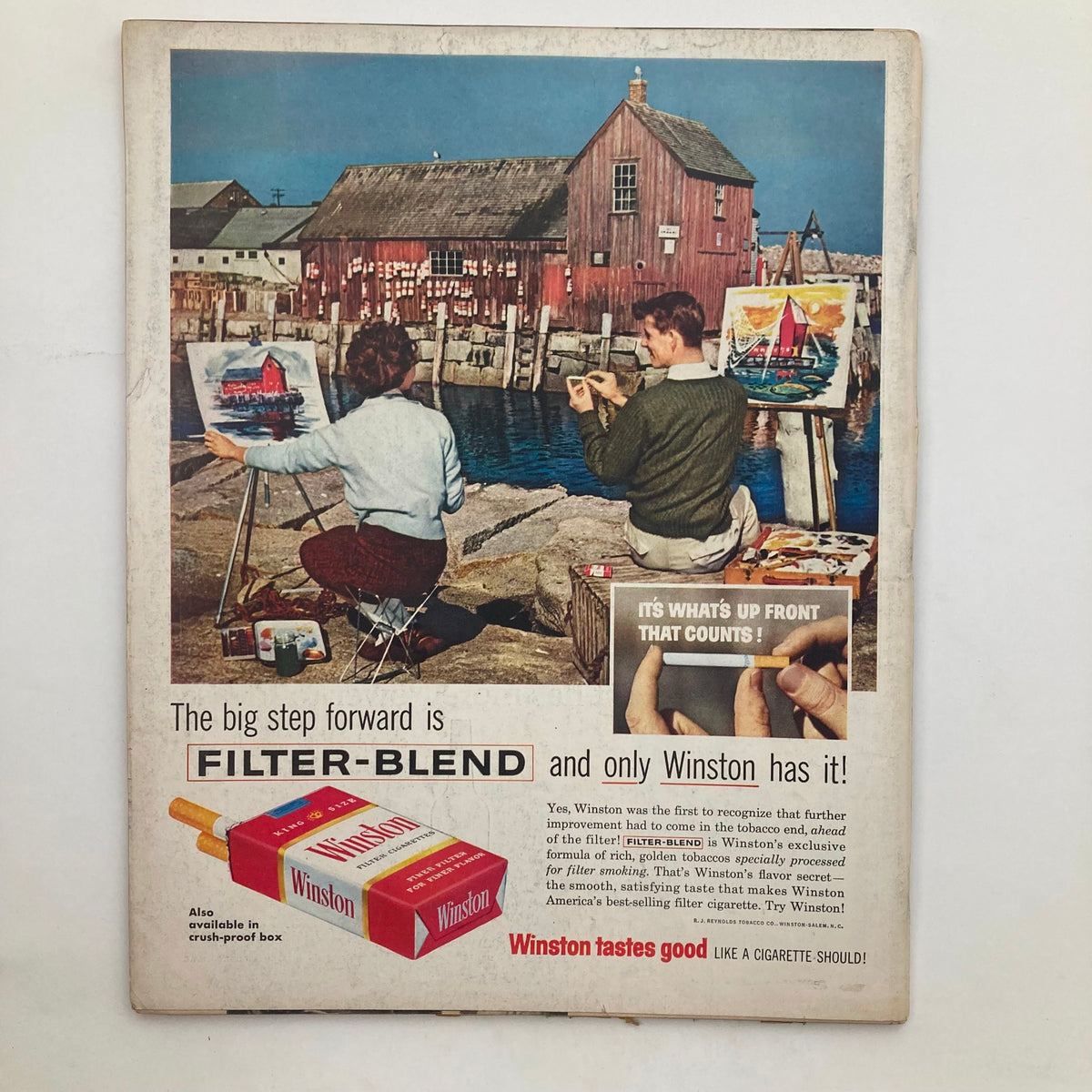 Back cover of Look Magazine April 12, 1960, featuring a colorful advertisement for Winston cigarettes by a scenic waterfront.