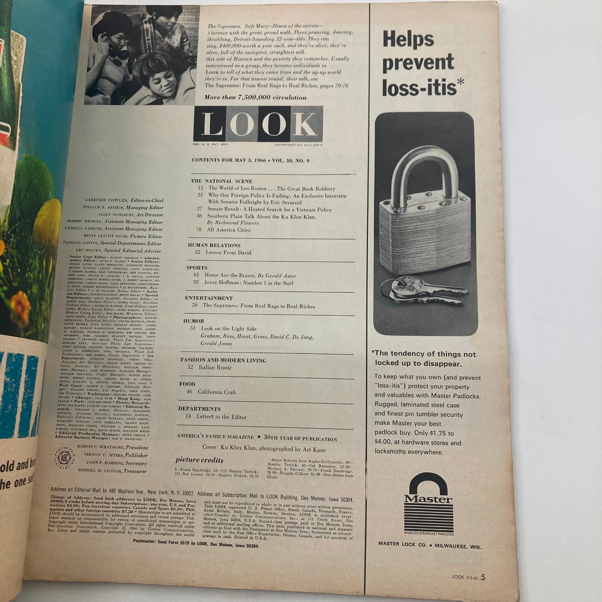 Inside page of VTG Look Magazine May 3 1966, showcasing the table of contents and details about featured articles, including a focus on The Supremes and political commentary.