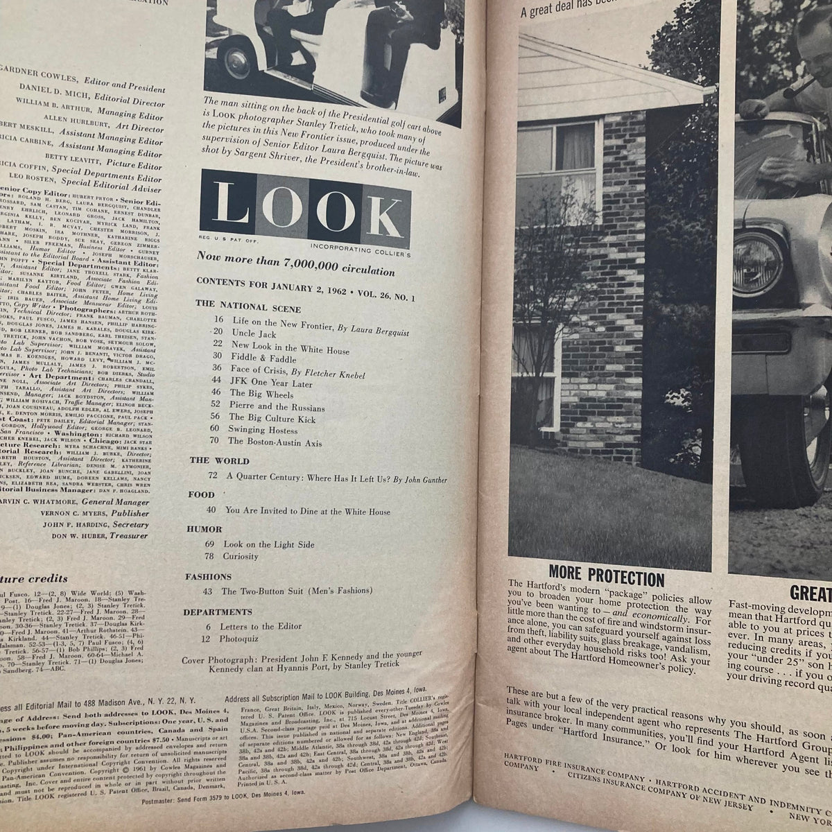 Inside page of VTG Look Magazine January 2, 1962 displaying the table of contents, highlighting articles about John F. Kennedy and various cultural topics.